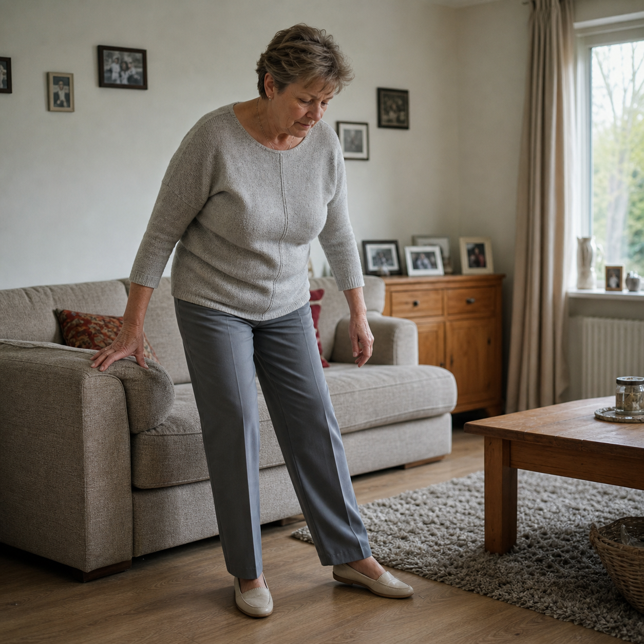 Oudere vrouw wacht even voor haar eerste stap nadat ze van de bank is opgestaan