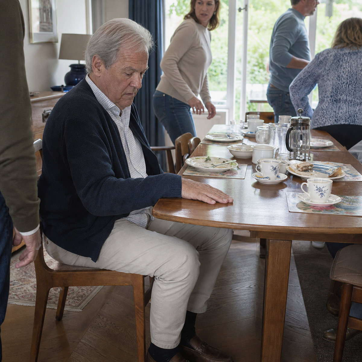 Oudere man bereidt zich voor om op te staan na een familielunch