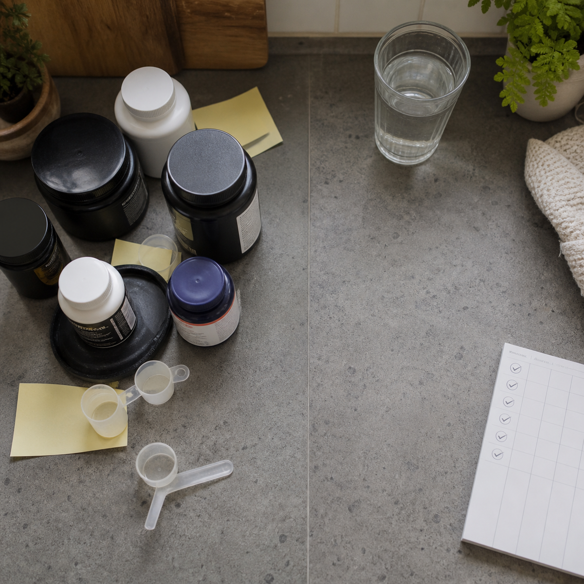 Een rommelige verzameling losse supplementen naast een eenvoudige dagelijkse routine