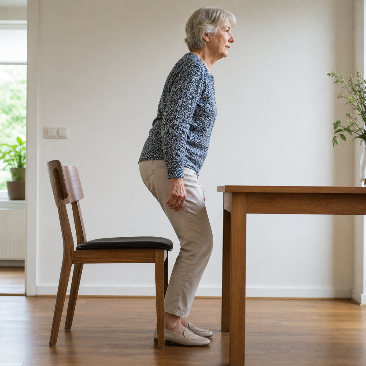 Oudere vrouw staat op een natuurlijke manier op uit een stoel