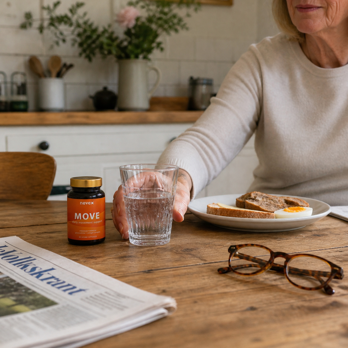 Een kleine Move-verpakking naast ontbijt en water in een echte Nederlandse keuken