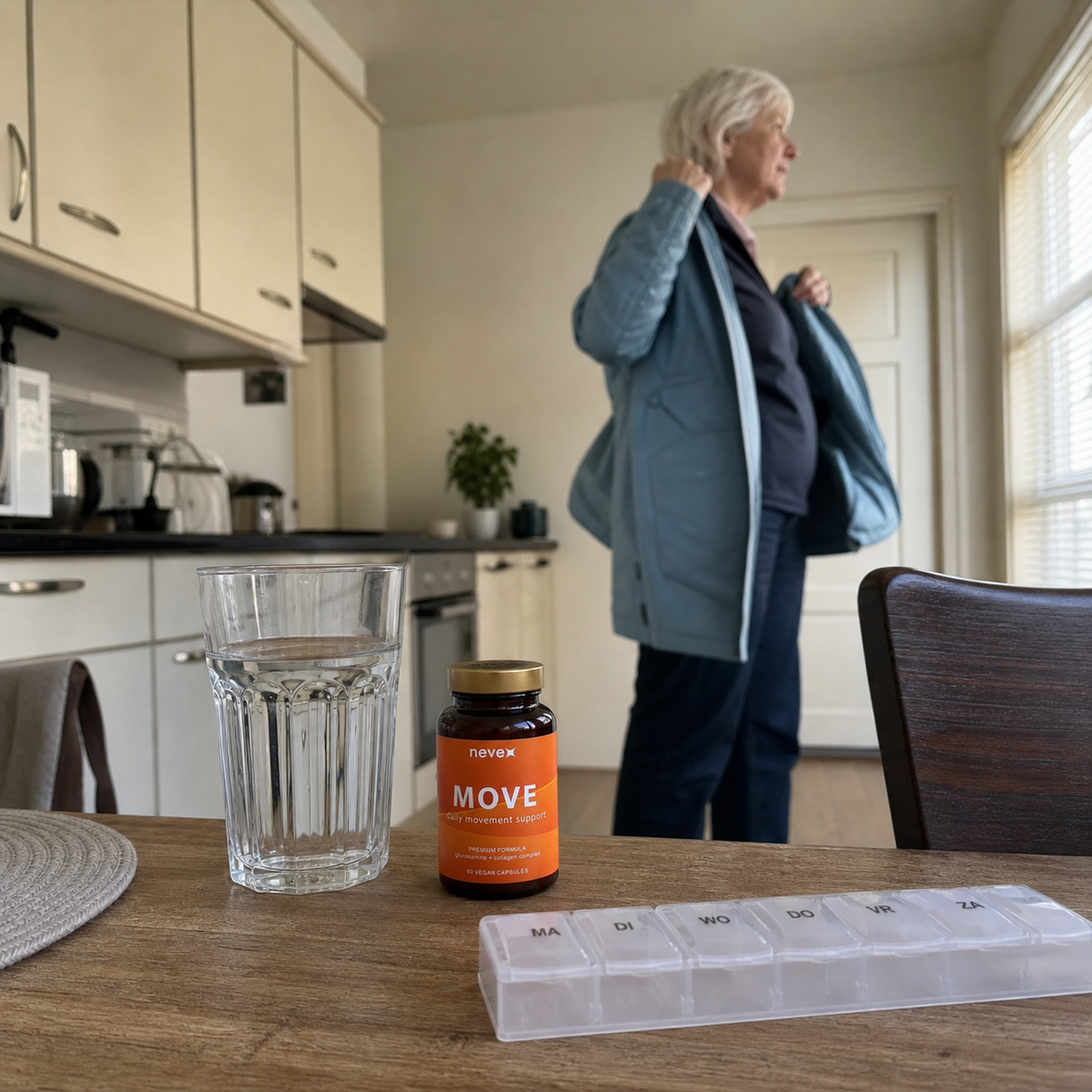 Move in een realistische ochtendroutine voordat een oudere vrouw gaat wandelen